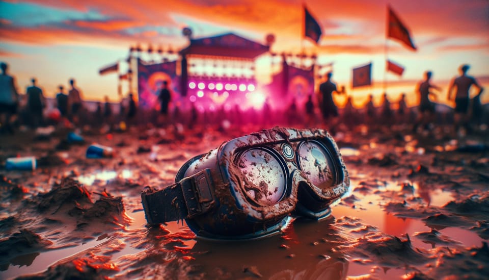 VR Goggles in the mud at a festival. Generate by Sean Adams using DALL-E